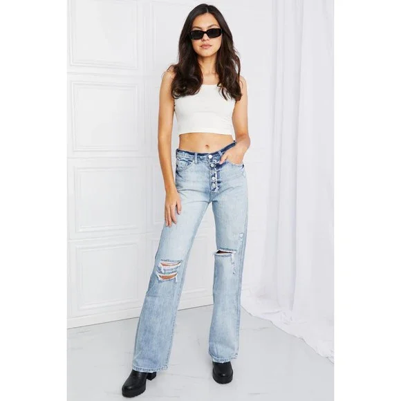 Kancan Button Fly Distressed Raw Hem Straight leg Jeans - Picture 6 of 7